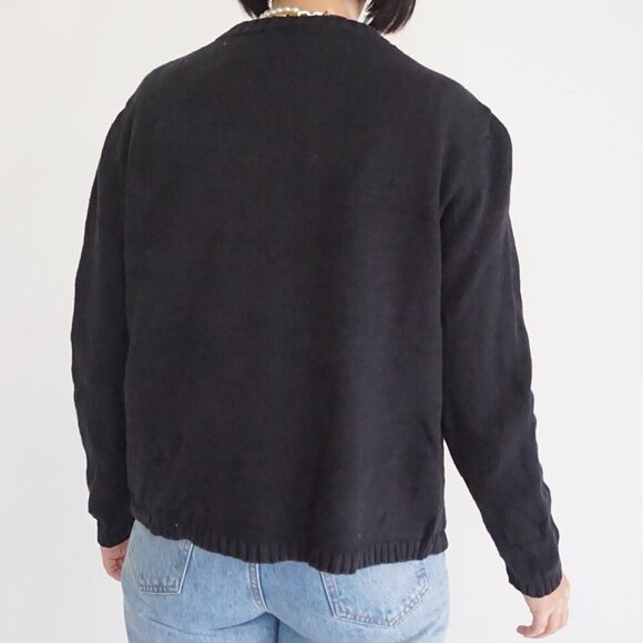 Vintage Craft & Barrow Black Knit Embroidered Beaded Ornaments Holiday Sweater M - Picture 3 of 11